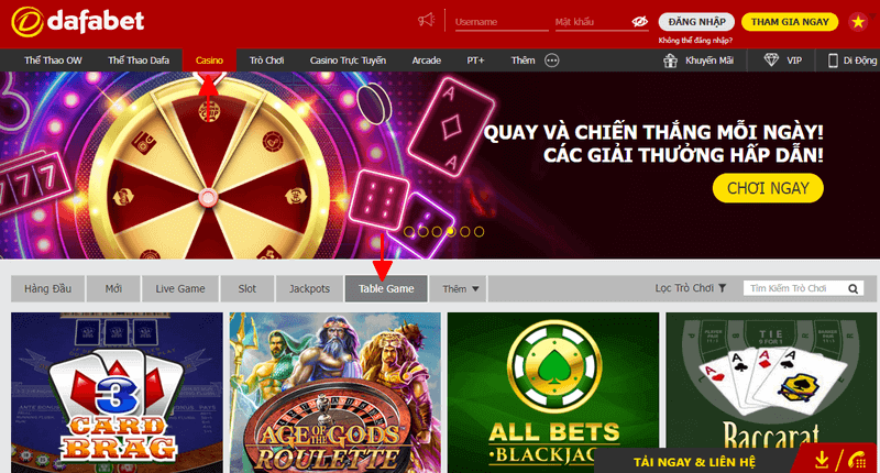 đặt cược table game tại Dafabet